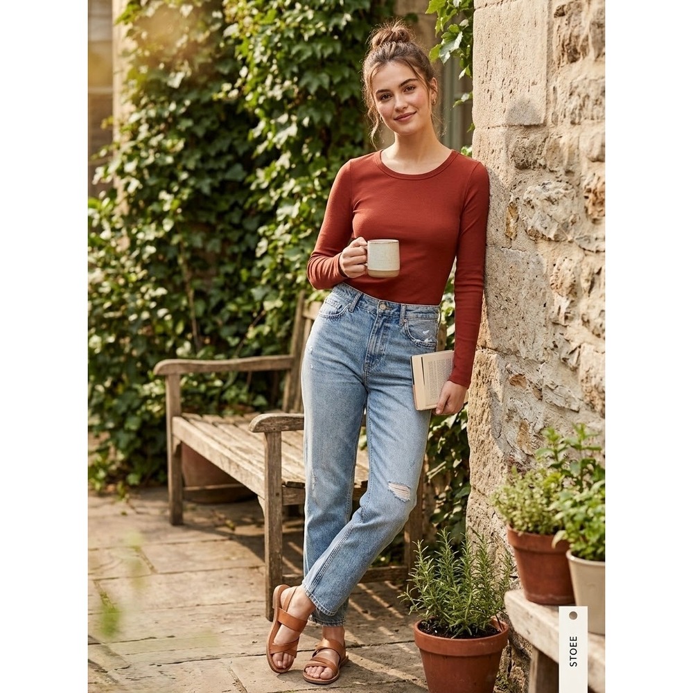 J.Crew Perfect Fit Rust Cotton Ribbed Long Sleeve Tee Size XS Extra Small